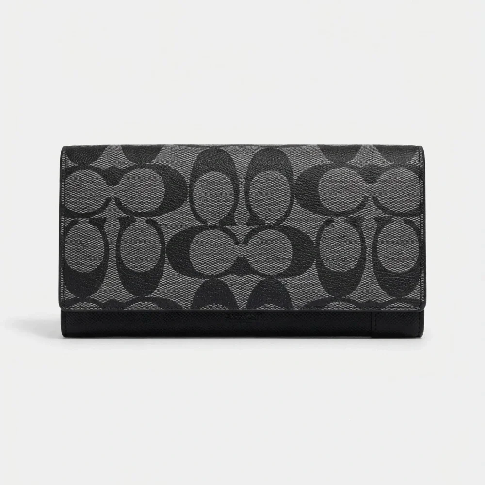 Coach Signature Canvas Long Breast Pocket Wallet - Charcoal Black